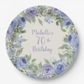 Dusty Blue Waterverf Floral 70th Birthday Papieren Bordje (Voorkant)