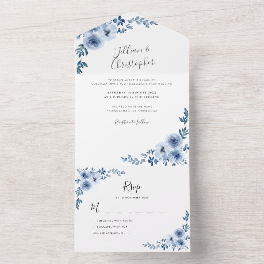 dusty blue waterverf floral all in one uitnodiging (Binnen)