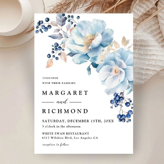 Dusty Blue Waterverf Floral Berry Winter Wedding Kaart