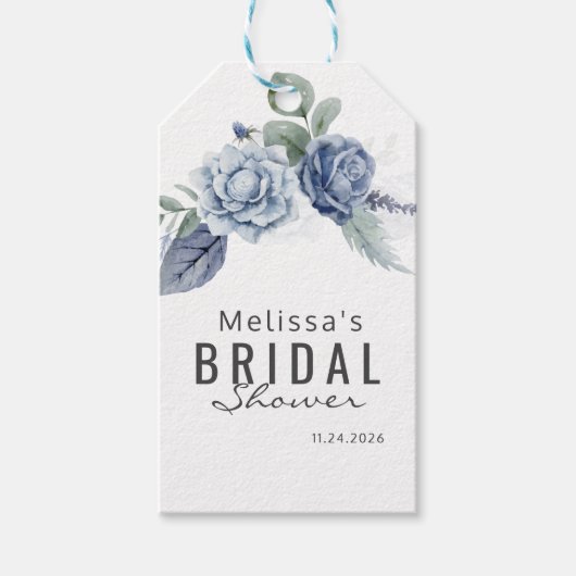 Dusty Blue Waterverf Floral Bloom Typografie Cadeaulabel (Voorkant)