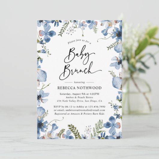 Dusty Blue Waterverf Floral Blue Baby Brunch Kaart (Staand voorkant)