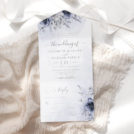 Dusty Blue Waterverf Floral Botanical Wedding All In One Uitnodiging