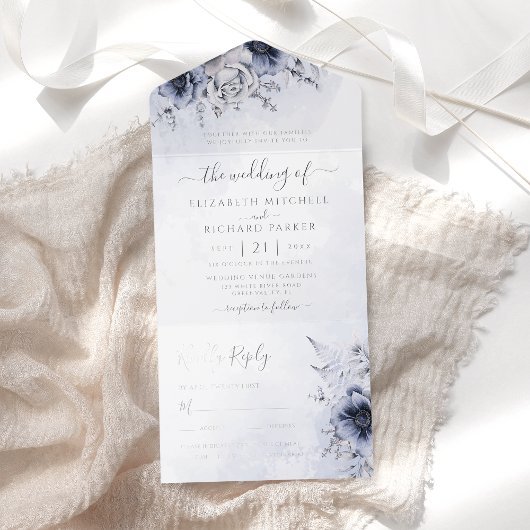 Dusty Blue Waterverf Floral Botanical Wedding All In One Uitnodiging