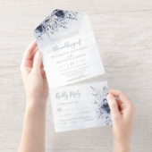 Dusty Blue Waterverf Floral Botanical Wedding All In One Uitnodiging (Uittrekbaar)