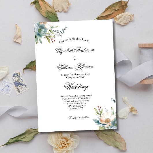 Dusty Blue Waterverf Floral Botanical Wedding Kaart