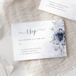Dusty Blue Waterverf Floral Botanical Wedding RSVP Kaartje