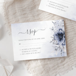 Dusty Blue Waterverf Floral Botanical Wedding RSVP Kaartje