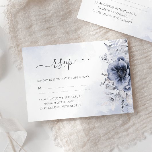 Dusty Blue Waterverf Floral Botanical Wedding RSVP Kaartje