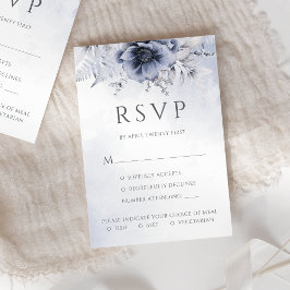 Dusty Blue Waterverf Floral Botanical Wedding RSVP Kaartje
