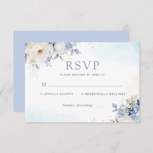 Dusty Blue Waterverf Floral Botanical Wedding RSVP Kaartje (Voorkant / Achterkant)