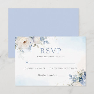 Dusty Blue Waterverf Floral Botanical Wedding RSVP Kaartje
