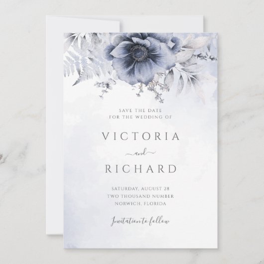 Dusty Blue Waterverf Floral Botanical Wedding Save The Date (Voorkant)