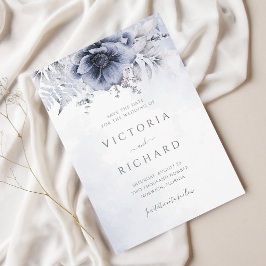 Dusty Blue Waterverf Floral Botanical Wedding Save The Date