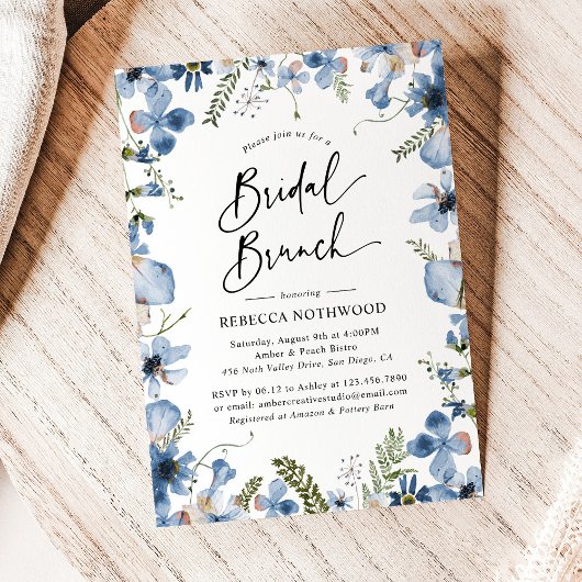 Dusty Blue Waterverf Floral Bridal Brunch Shower Kaart