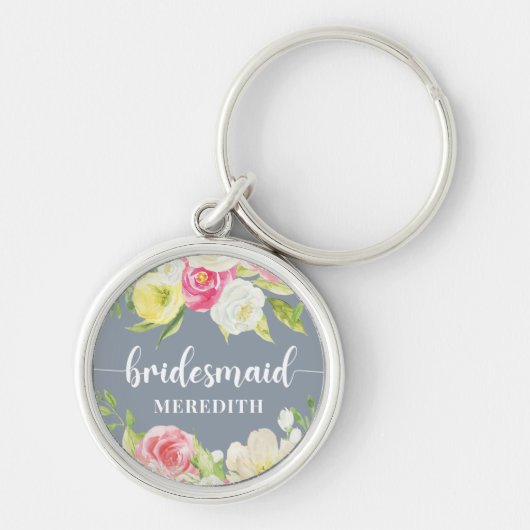 Dusty Blue Waterverf Floral Bridesmaid Name Sleutelhanger (Voorkant)