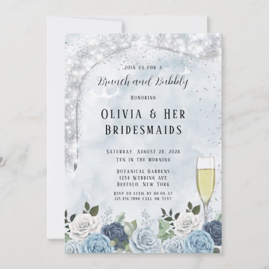 Dusty Blue Waterverf Floral Brunch en Bubble Kaart (Voorkant)