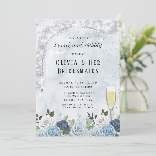 Dusty Blue Waterverf Floral Brunch en Bubble Kaart (Staand voorkant)