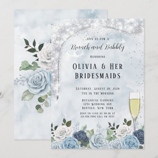 Dusty Blue Waterverf Floral Brunch en Bubble Kaart (Voorkant / Achterkant)