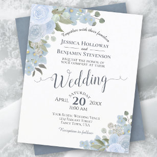Dusty Blue Waterverf Floral BUDGET Wedding Invite