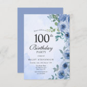 Dusty Blue Waterverf Floral Chic 100e Verjaardag Kaart (Voorkant / Achterkant)