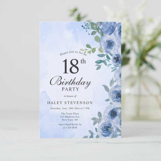 Dusty Blue Waterverf Floral Chic 18e verjaardag Kaart (Staand voorkant)