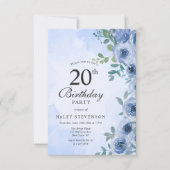 Dusty Blue Waterverf Floral Chic 20e Verjaardag Kaart (Voorkant)