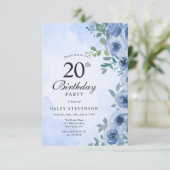 Dusty Blue Waterverf Floral Chic 20e Verjaardag Kaart (Staand voorkant)