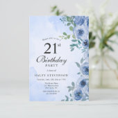 Dusty Blue Waterverf Floral Chic 21st Birthday Kaart (Staand voorkant)