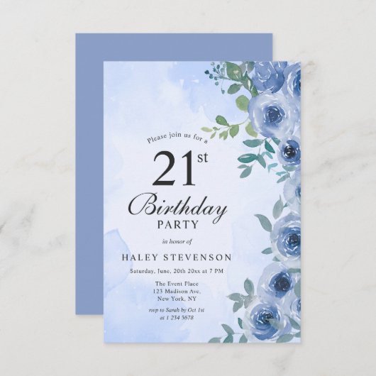 Dusty Blue Waterverf Floral Chic 21st Birthday Kaart (Voorkant / Achterkant)