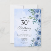 Dusty Blue Waterverf Floral Chic 30e Verjaardag Kaart (Voorkant)