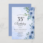 Dusty Blue Waterverf Floral Chic 35th Birthday Kaart (Voorkant / Achterkant)