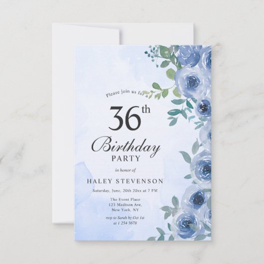 Dusty Blue Waterverf Floral Chic 36ste Verjaardag Kaart (Voorkant)