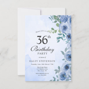 Dusty Blue Waterverf Floral Chic 36ste Verjaardag Kaart