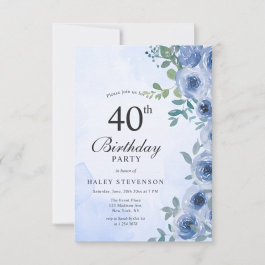 Dusty Blue Waterverf Floral Chic 40th Birthday Kaart (Voorkant)