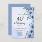 Dusty Blue Waterverf Floral Chic 40th Birthday Kaart (Voorkant / Achterkant)