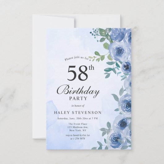 Dusty Blue Waterverf Floral Chic 58e Verjaardag in Kaart (Voorkant)