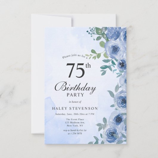 Dusty Blue Waterverf Floral Chic 75th Birthday In Kaart (Voorkant)