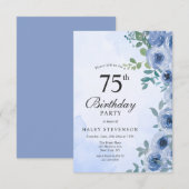 Dusty Blue Waterverf Floral Chic 75th Birthday In Kaart (Voorkant / Achterkant)