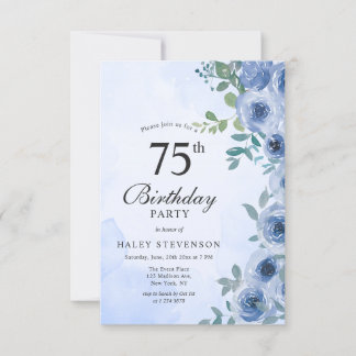 Dusty Blue Waterverf Floral Chic 75th Birthday In Kaart