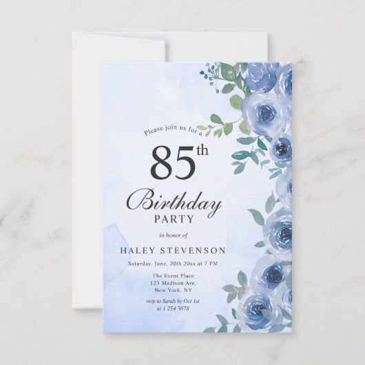 Dusty Blue Waterverf Floral Chic 85th Birthday Kaart (Voorkant)