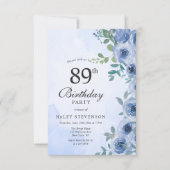 Dusty Blue Waterverf Floral Chic 89ste verjaardag Kaart (Voorkant)