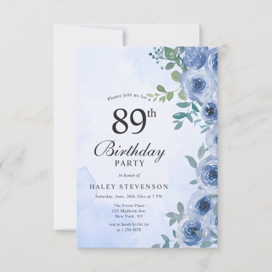 Dusty Blue Waterverf Floral Chic 89ste verjaardag Kaart (Voorkant)