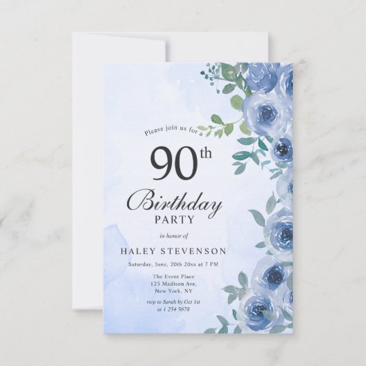 Dusty Blue Waterverf Floral Chic 90ste Verjaardag Kaart (Voorkant)