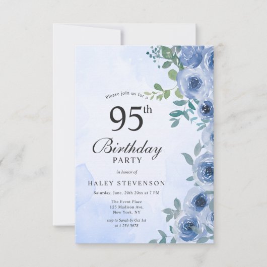 Dusty Blue Waterverf Floral Chic 95th Birthday Kaart (Voorkant)