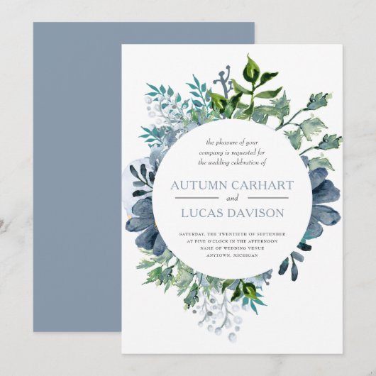Dusty Blue Waterverf Floral Circle Wedding Kaart (Voorkant / Achterkant)