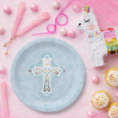 Dusty Blue Waterverf Floral Cross Baptisme Papieren Bordje (Feest)