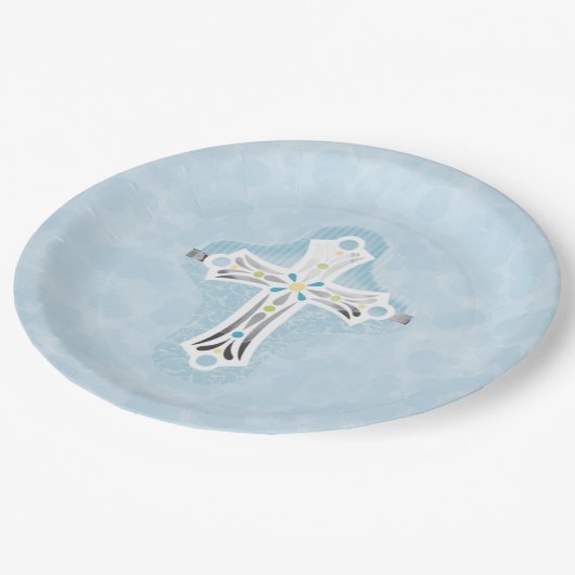 Dusty Blue Waterverf Floral Cross Baptisme Papieren Bordje (Gekanteld)