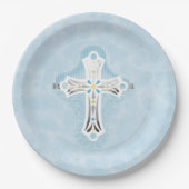 Dusty Blue Waterverf Floral Cross Baptisme Papieren Bordje (Voorkant)