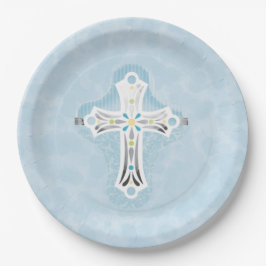 Dusty Blue Waterverf Floral Cross Baptisme Papieren Bordje