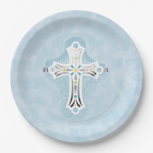 Dusty Blue Waterverf Floral Cross Baptisme Papieren Bordje (Voorkant)